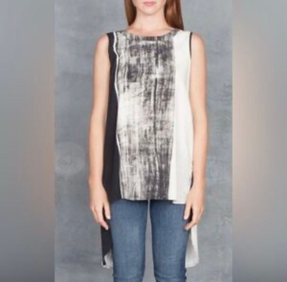 Go by Go Silk Womens Blouse Size Small Black White Abstract Long Tails Boho